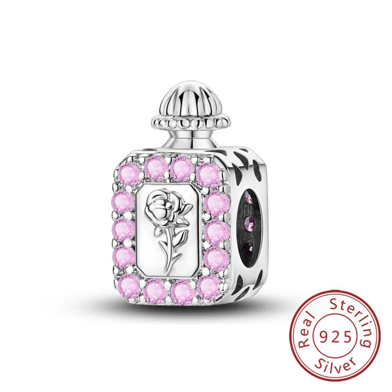Fit Original 925 Sterling Silver Charms Beads Bow Perfume Bottle Pink Charms for Women Fine DIY Birthday Jewelry Gifts