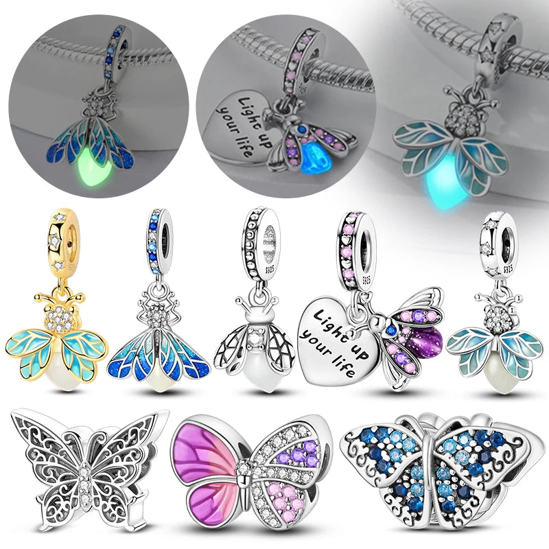 Original Sterling Silver Charm Beads Glowing Luminous Firefly Butterfly Pendant for Bracelet Charm Jewelry