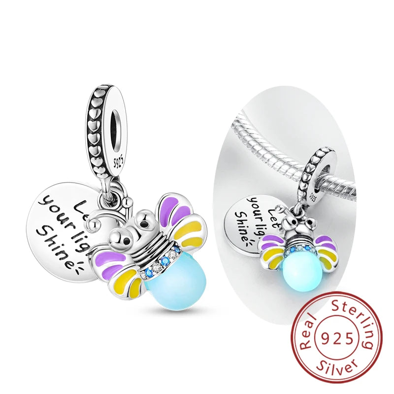 Original Sterling Silver Charm Beads Glowing Luminous Firefly Butterfly Pendant for Bracelet Charm Jewelry
