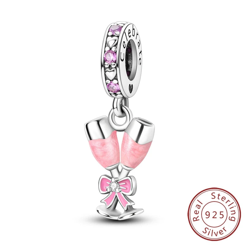 Fit Original 925 Sterling Silver Charms Beads Bow Perfume Bottle Pink Charms for Women Fine DIY Birthday Jewelry Gifts