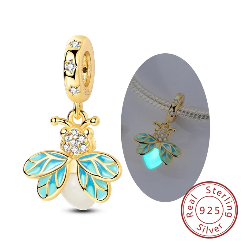 Original Sterling Silver Charm Beads Glowing Luminous Firefly Butterfly Pendant for Bracelet Charm Jewelry