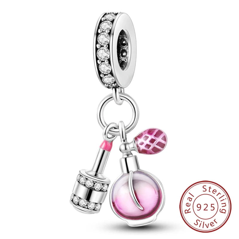 Fit Original 925 Sterling Silver Charms Beads Bow Perfume Bottle Pink Charms for Women Fine DIY Birthday Jewelry Gifts